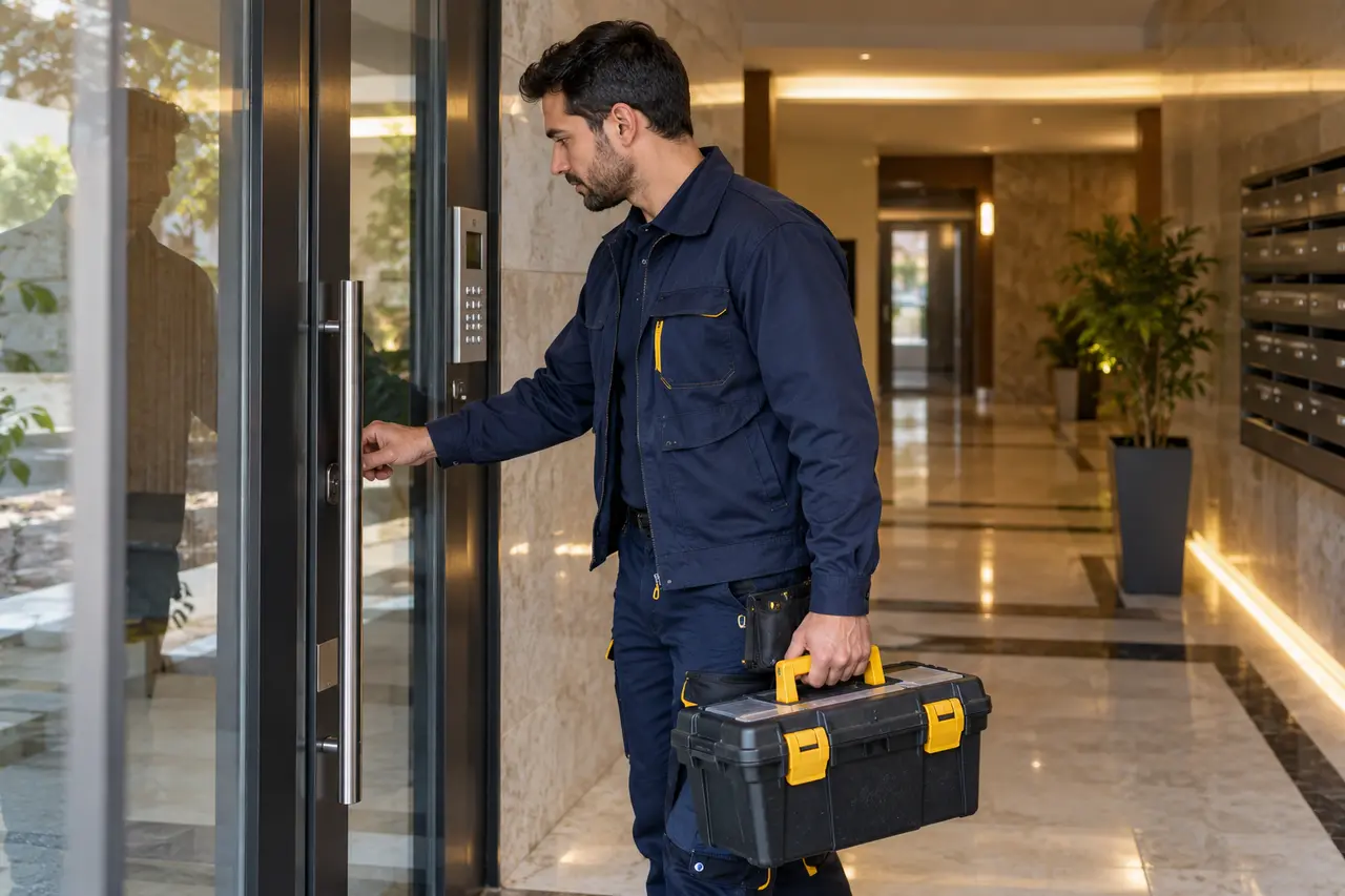 Apartman girişinde takım çantasıyla duran çilingirin temsili görseli